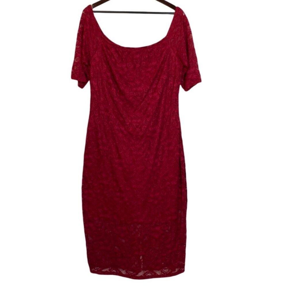 Plus Size Love J Burgundy Floral Lace Dress Short Sleeve 3X Elegant Knee Length
